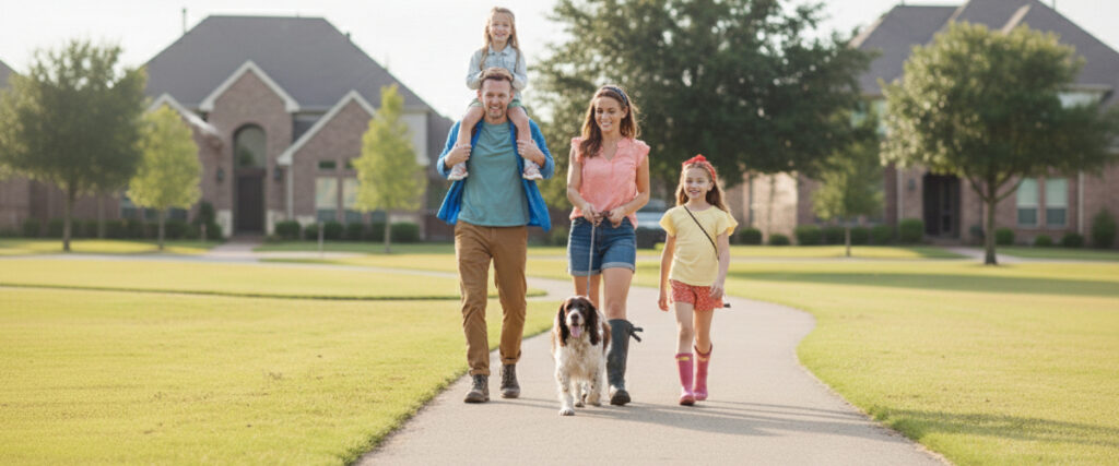 A happy family walking through  Riata Ranch in Cypress, TX. 